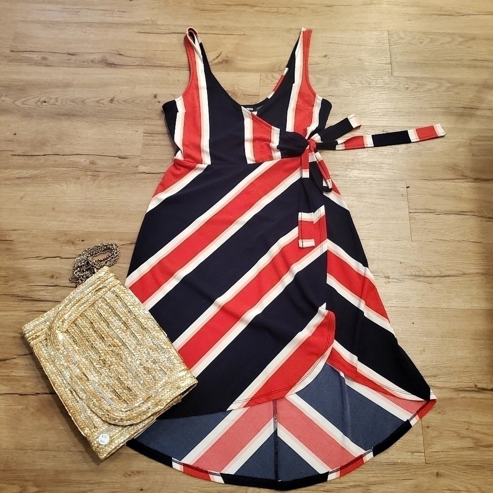 Red White And Blue Striped Express Wrap Style Knee Length Dress